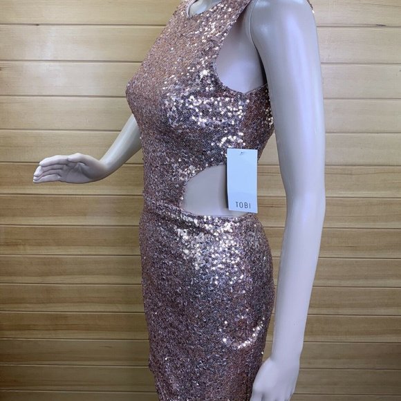 TOBI Rose Gold Dress Sequin Cut Out Mini Dress - Picture 7 of 12